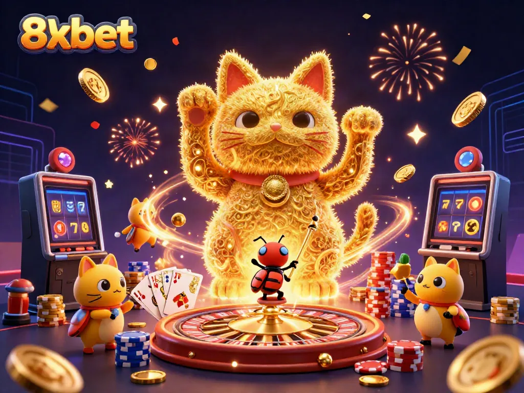Engage with the vibrant world of 8xbet, featuring a lucky cat formed by fireflies amidst sparkling casino elements.