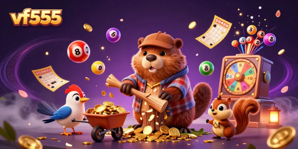 Experience the thrilling games at vf555, featuring animated characters enjoying dynamic casino elements for a rich gambling atmosphere.