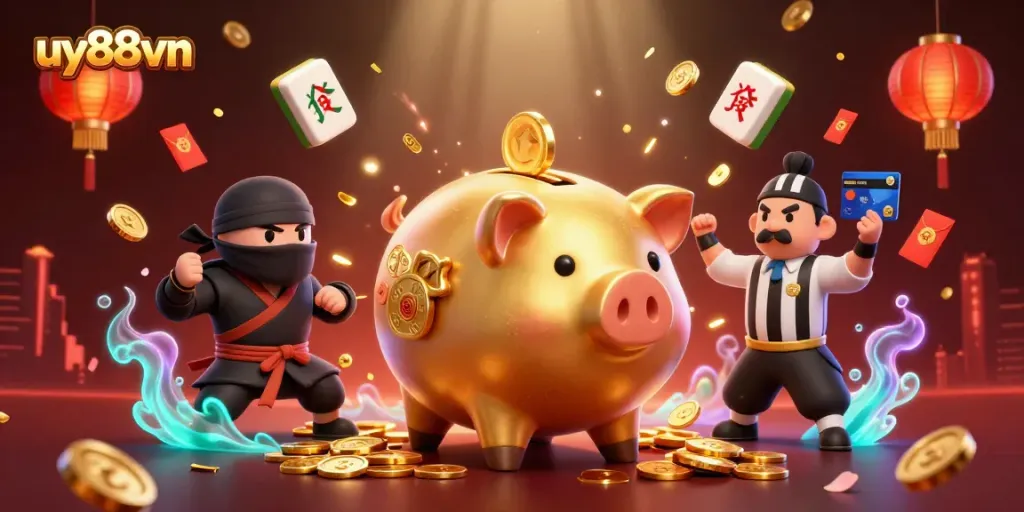 Engage with the thrilling action of uy88vn as the sumo wrestler shakes loose golden coins, surrounded by festive elements.