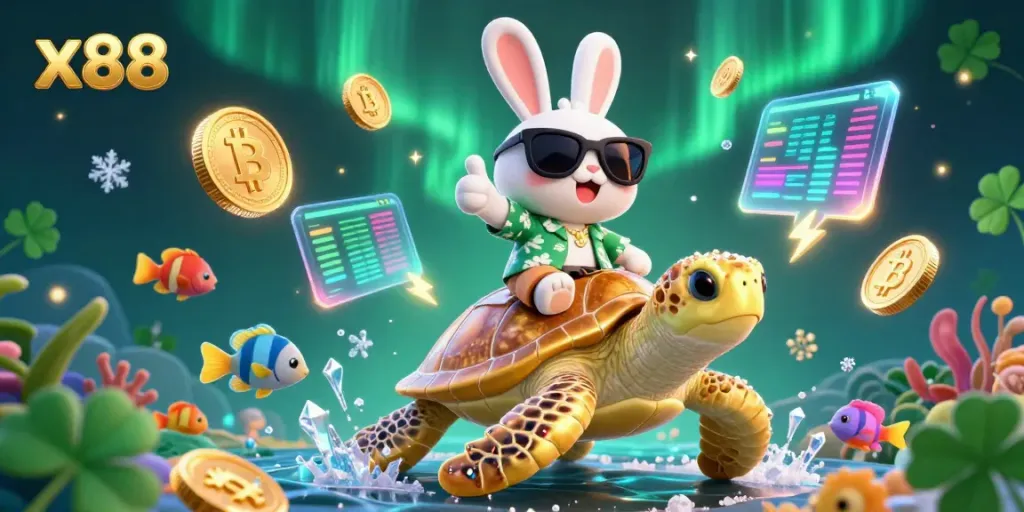 x88 casino game illustration featuring a lucky rabbit and a golden turtle in a vibrant ocean.