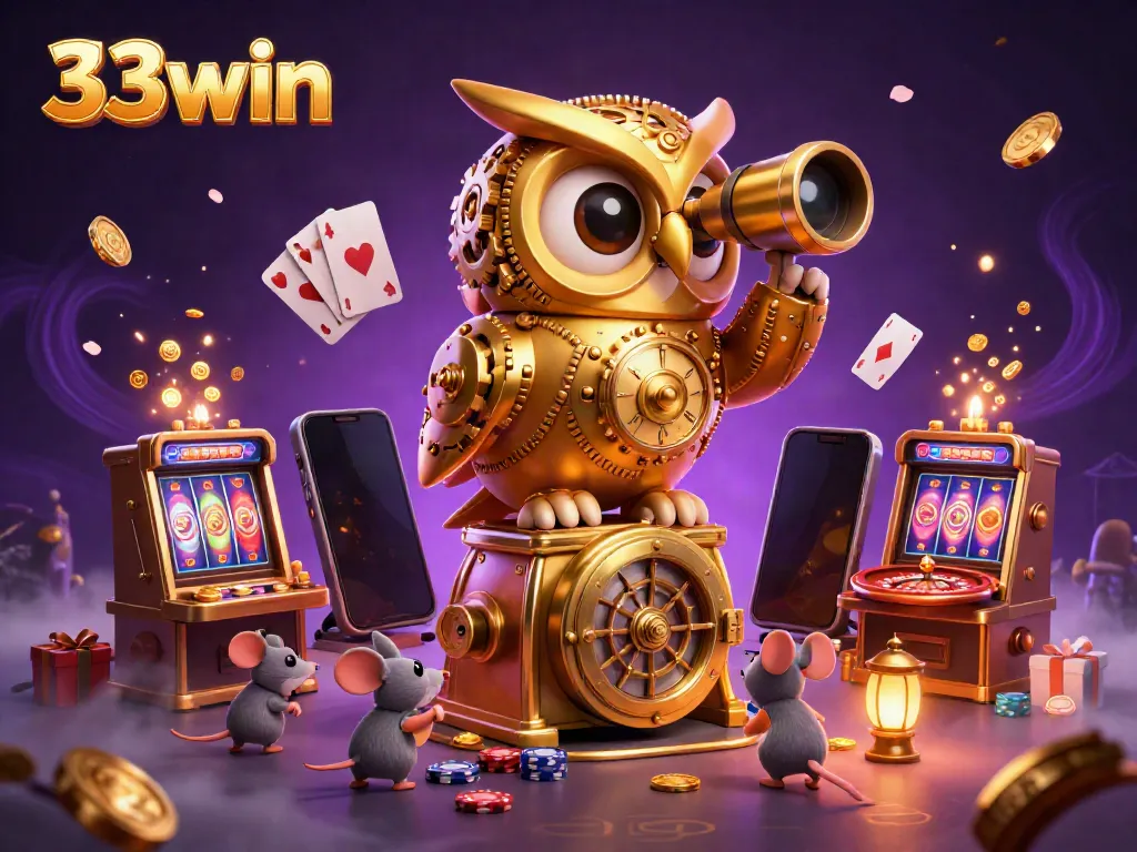Experience exciting gameplay at 33win with a lively casino scene featuring a golden owl and animated game elements.