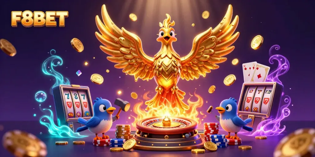 Experience thrilling gaming action with F8BET, featuring golden coins, a phoenix, and casino elements.