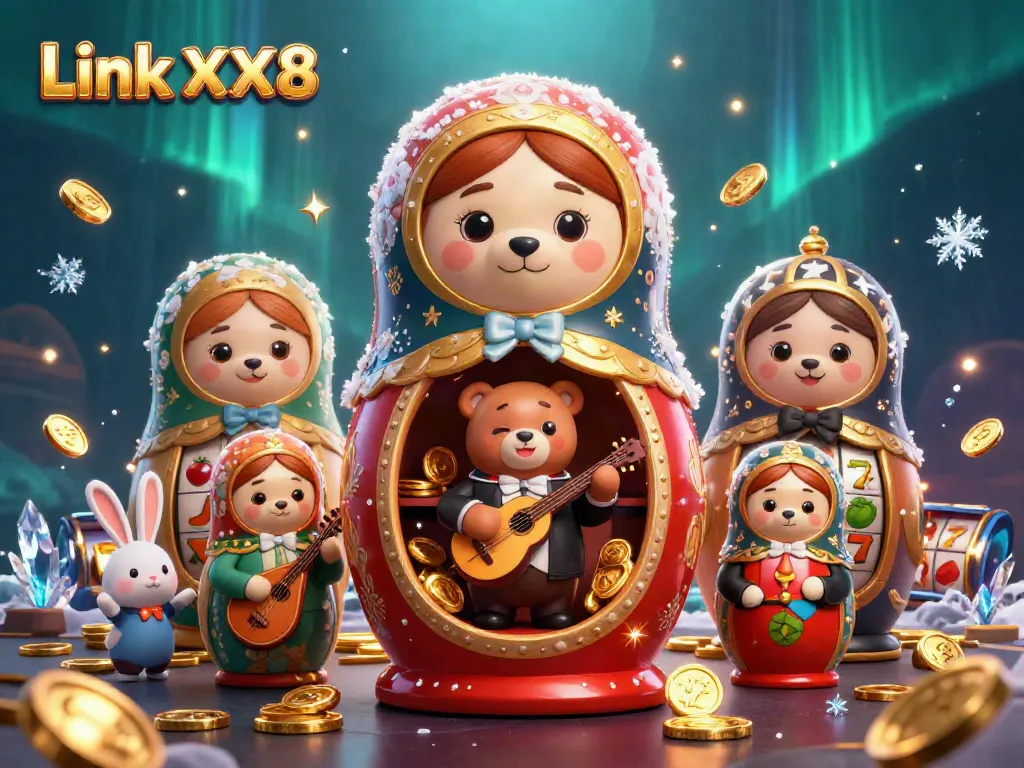 Experience the excitement of Link XX8 with festive casino-themed characters and dynamic elements.