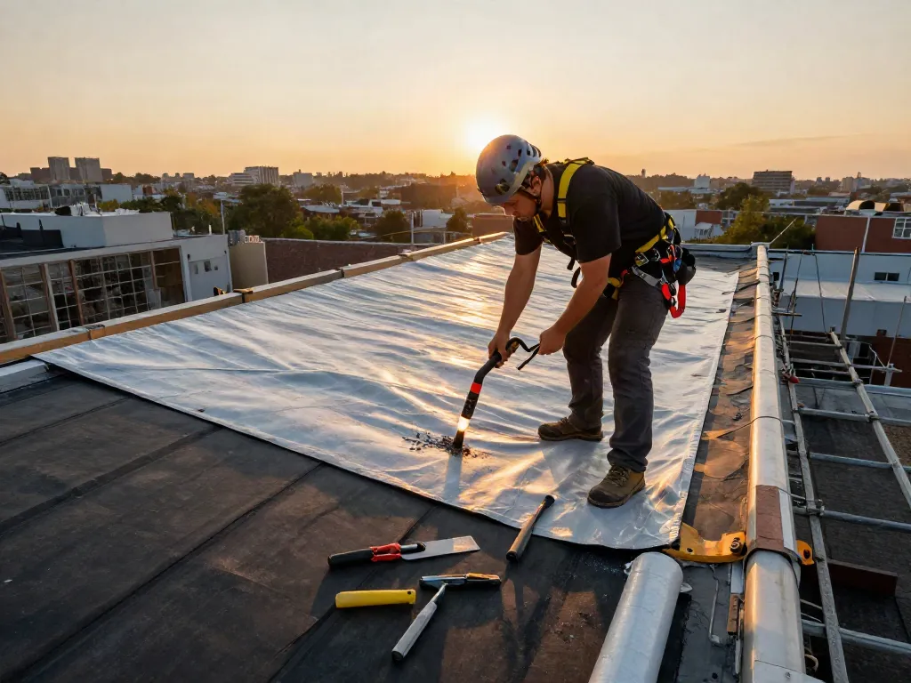 Felt roof replacement in progress, featuring a professional roofer applying roofing felt on a flat roof with city skyline in the background.