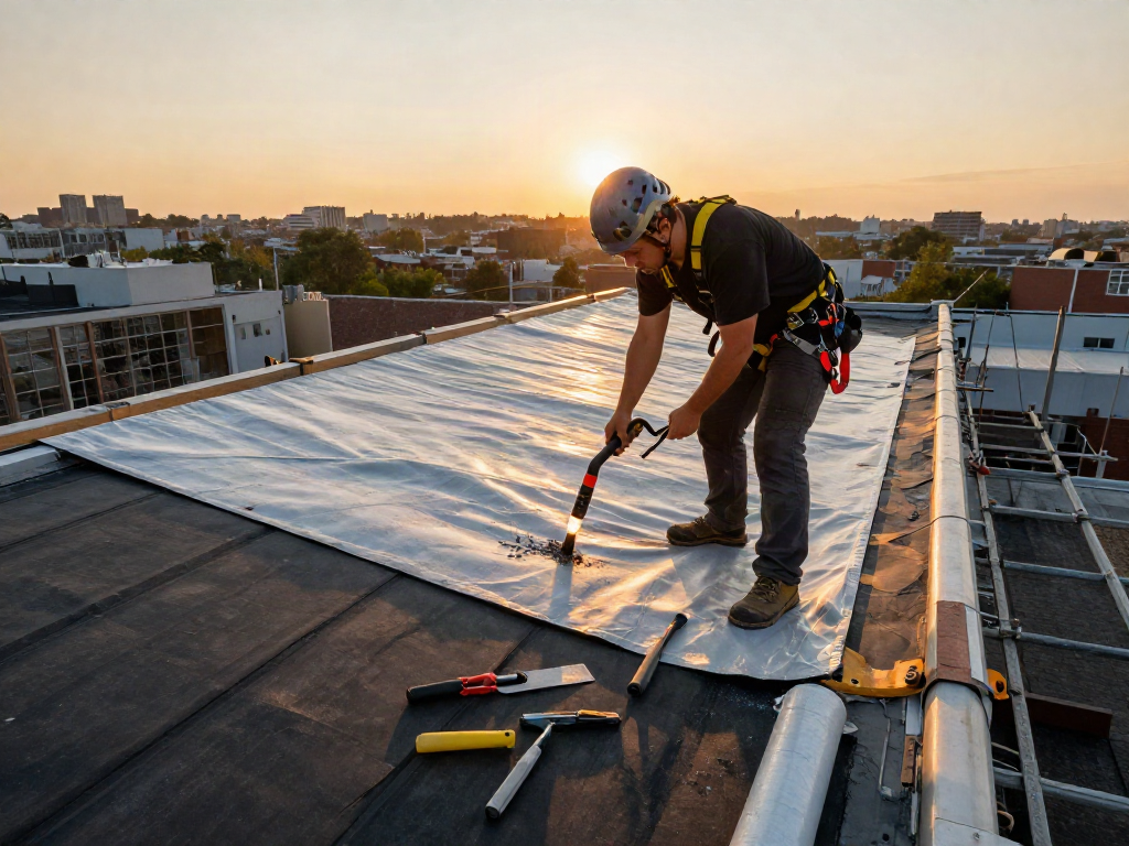 Felt roof replacement in progress, featuring a professional roofer applying roofing felt on a flat roof with city skyline in the background.