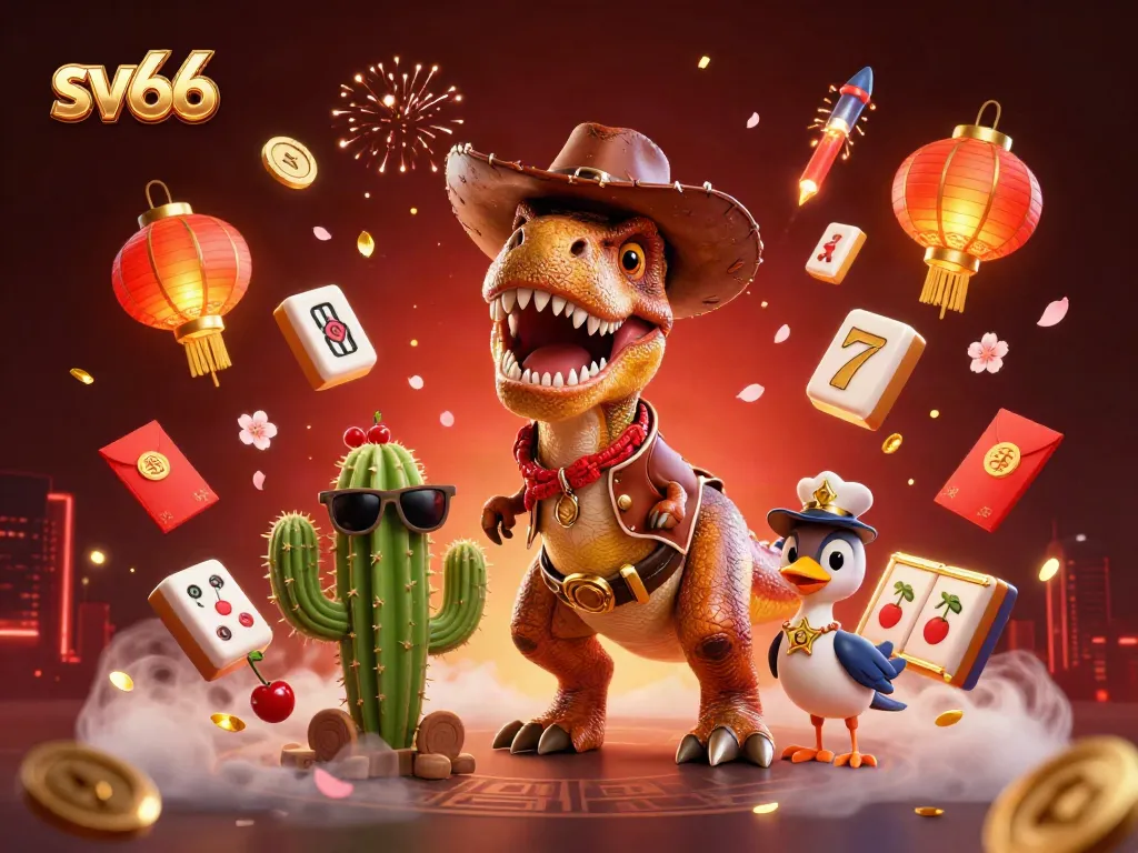 Engage with sv66's vibrant gambling scene featuring a T-Rex cowboy amidst slot reels and festive casino elements.