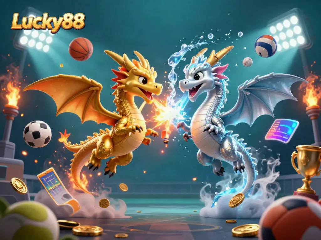 Experience the excitement of Lucky88 as golden and silver dragons embody a thrilling gaming atmosphere amidst dynamic sports elements.