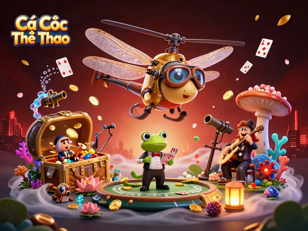 Bet on Cá Cược Thể Thao with a vibrant dragonfly pilot and frog croupier at an engaging lily pad casino.