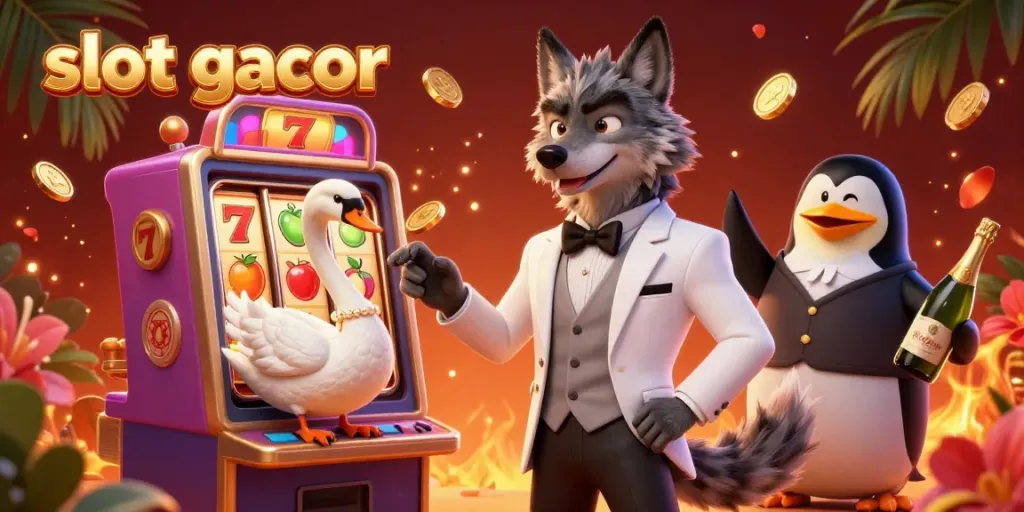 Slot gacor menyajikan ilustrasi kasino dengan karakter menarik dan permainan slot yang penuh warna.