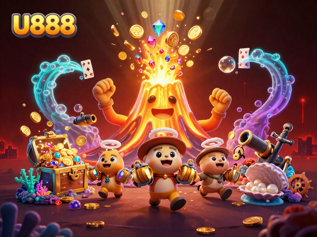 Experience the U888 excitement with a golden volcano bursting coins and treasures in a vibrant casino scene.