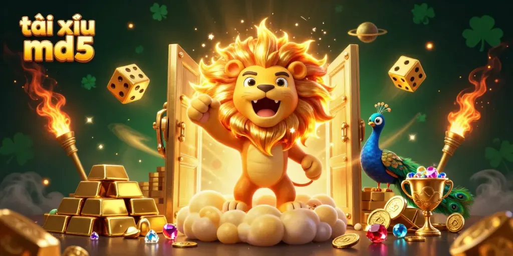 Experience the excitement of tài xỉu md5 with a vibrant scene of golden dice, a roaring lion, and treasures.