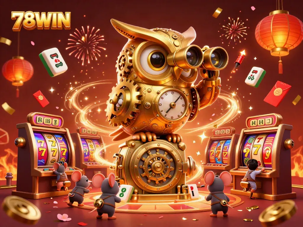 Experience thrilling action at 78WIN as a golden owl oversees lively slot machines and joyful patrons.