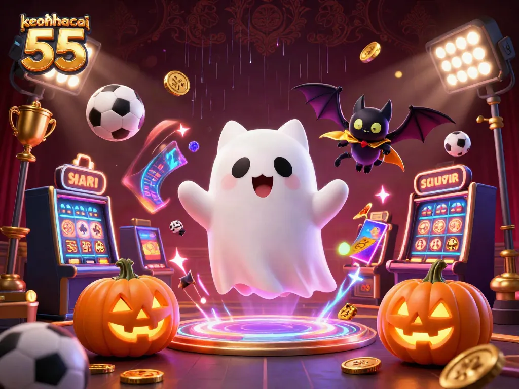 Experience the thrill of keonhacai 55 with a ghost cat and vampire bat in a dynamic casino scene.