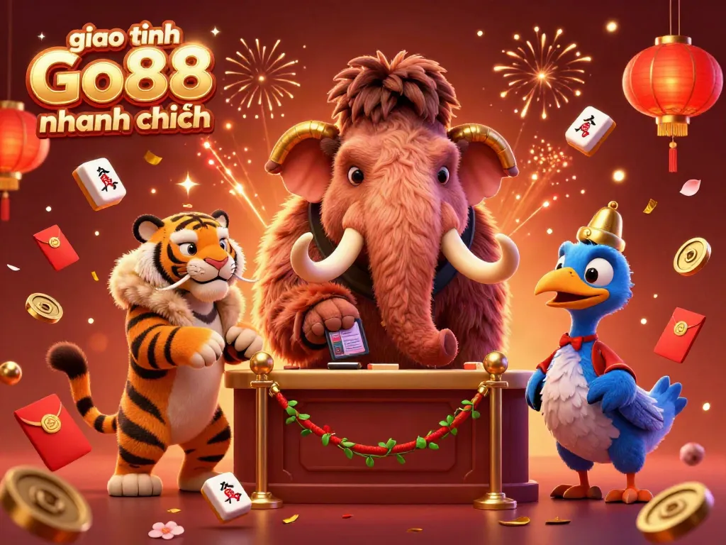 Celebrate with giao dịch Go88 nhanh chóng featuring unique casino characters in a vibrant 3D scene.