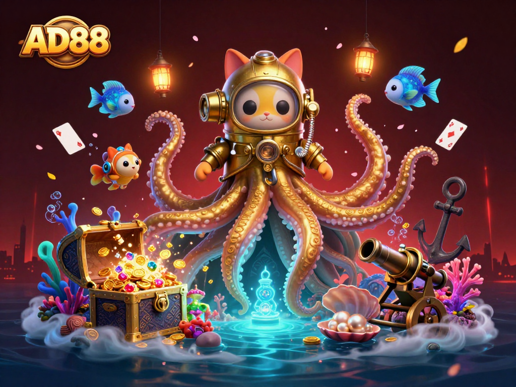 Engage with AD88's thrilling underwater gaming adventure featuring a kraken, diving cat, and glowing fish.