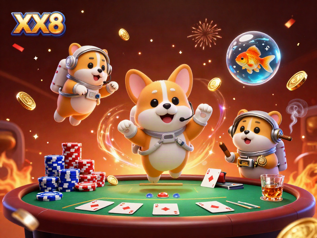 Play thrilling games at XX8 with the astronaut corgi and vibrant casino scene!
