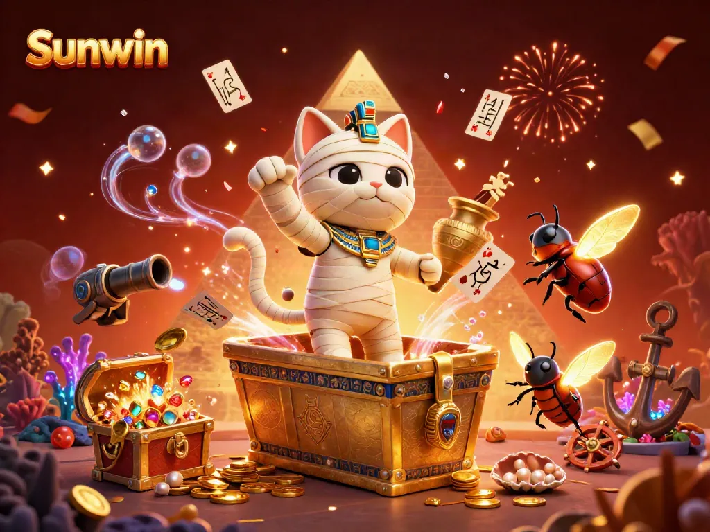 Engage with Sunwin's thrilling online casino experience featuring an adventurous mummy cat and treasures.