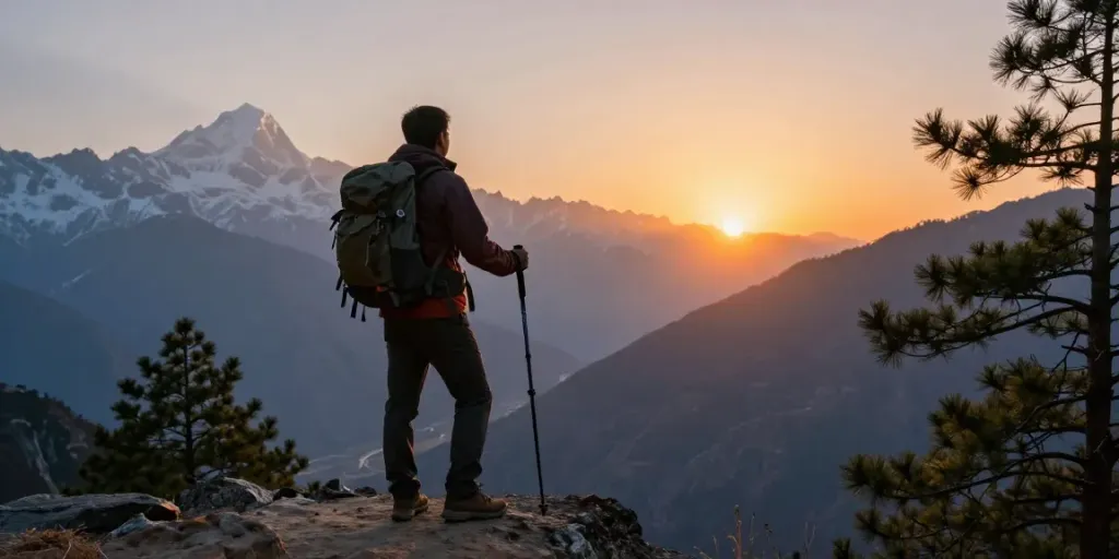 Impresionante vista de un viajero en la cima durante el trek to Manaslu Circuit al atardecer, rodeado de montañas majestuosas.