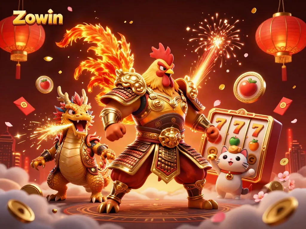 Zowin showcases a powerful rooster warrior with a dragon hatchling in a vibrant casino scene.