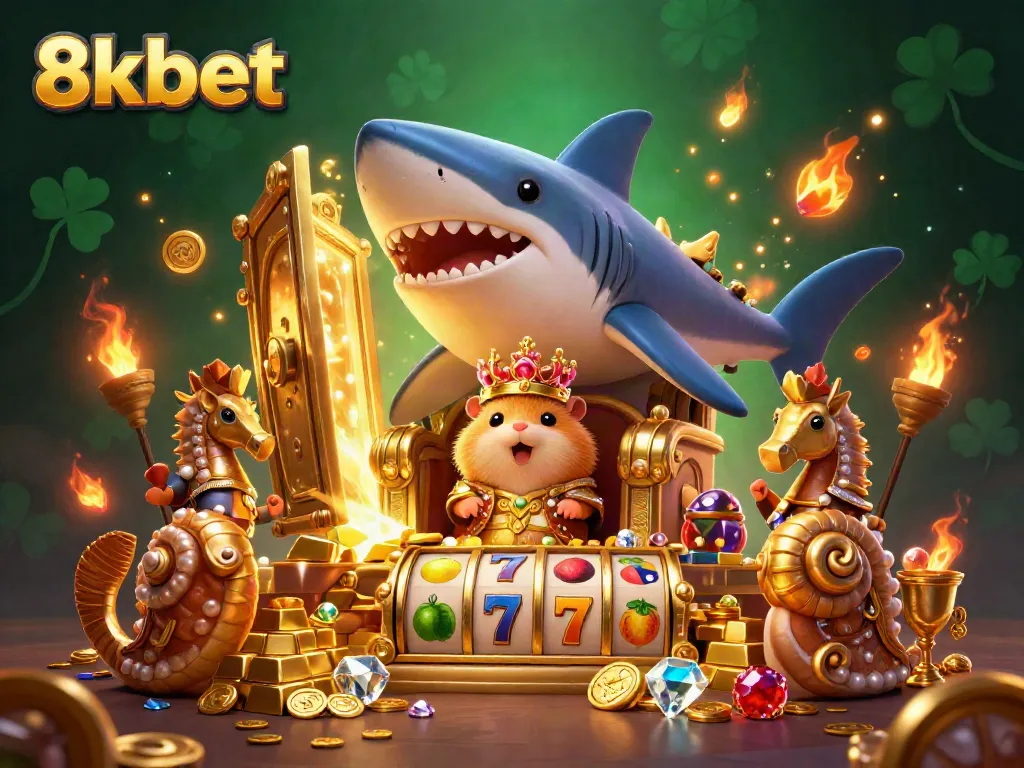 Engage in exhilarating gaming with 8kbet, featuring a hamster king in a vibrant casino scene.