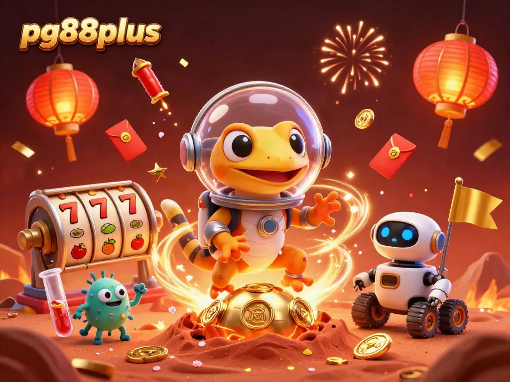 Experience thrilling wins with pg88plus in a vibrant 3D casino scene featuring a charismatic Martian gecko.