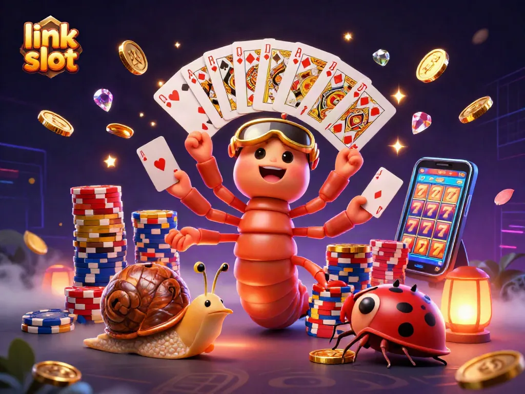 Experience thrilling action at the link slot with colorful characters, chips, and gold coins flying around.
