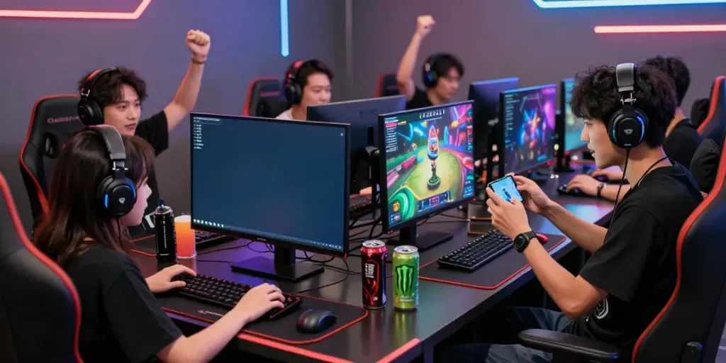 Exciting gaming scene at DA88 with players engaged in online games, showcasing dynamic gaming atmosphere.