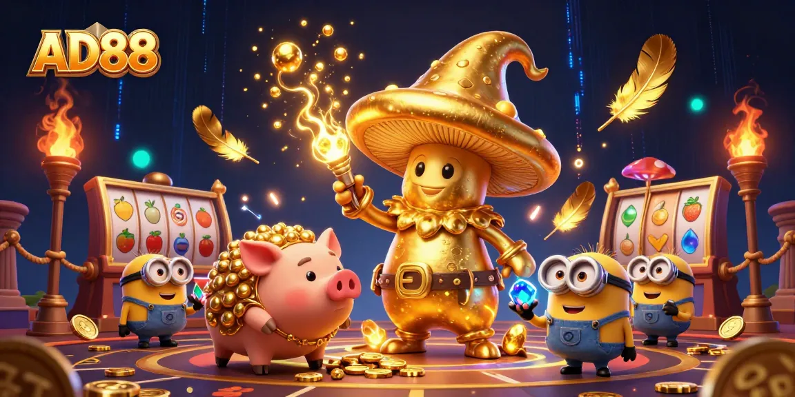 Experience magical wins with AD88 featuring a golden wizard, treasures, and vibrant casino elements
