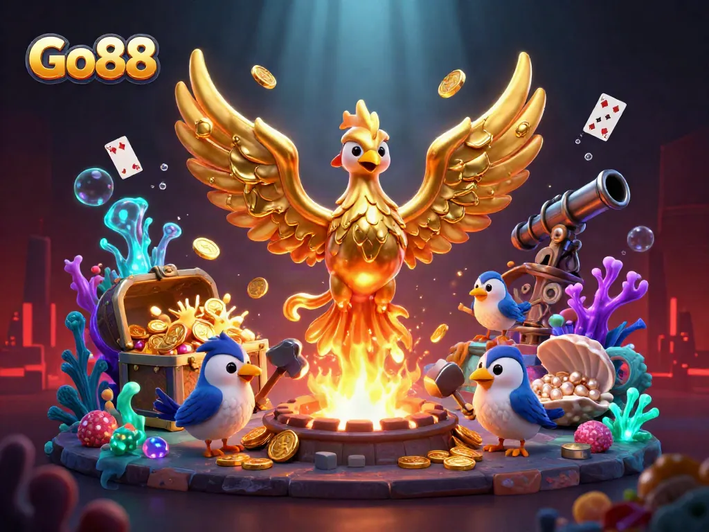 Experience the thrilling world of Go88 through a vibrant 3D scene of a golden phoenix and gambling elements.