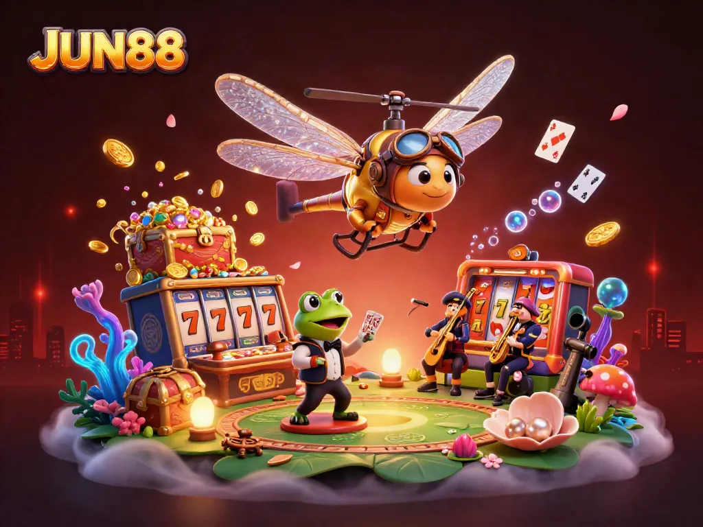 Experience thrilling gaming action with JUN88 at the vibrant lily pad casino featuring unique characters and games.