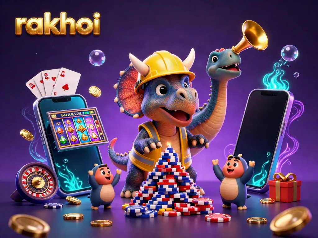 Engage in thrilling betting moments with rakhoi as a triceratops builds a poker chip pyramid amidst dynamic gaming elements.
