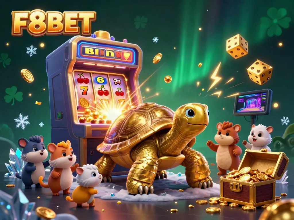 Experience the thrill of F8BET with a golden tortoise pinball machine amid dynamic slot excitement.