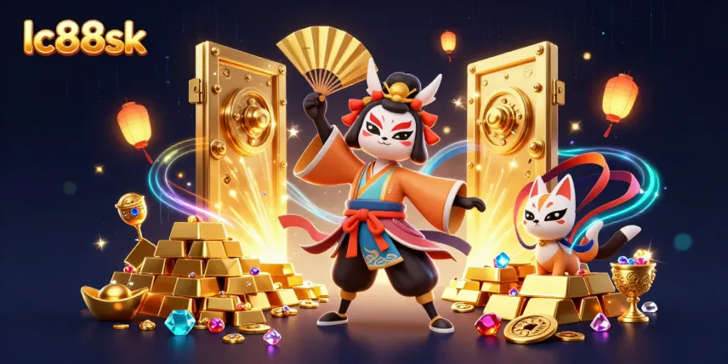 Engage with exciting gaming action at lc88sk, featuring vibrant casino characters and treasures.