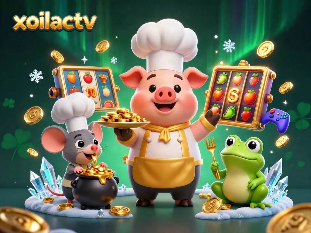 Xoilactv showcases a chef pig serving gold coins amidst vibrant online casino slot elements.
