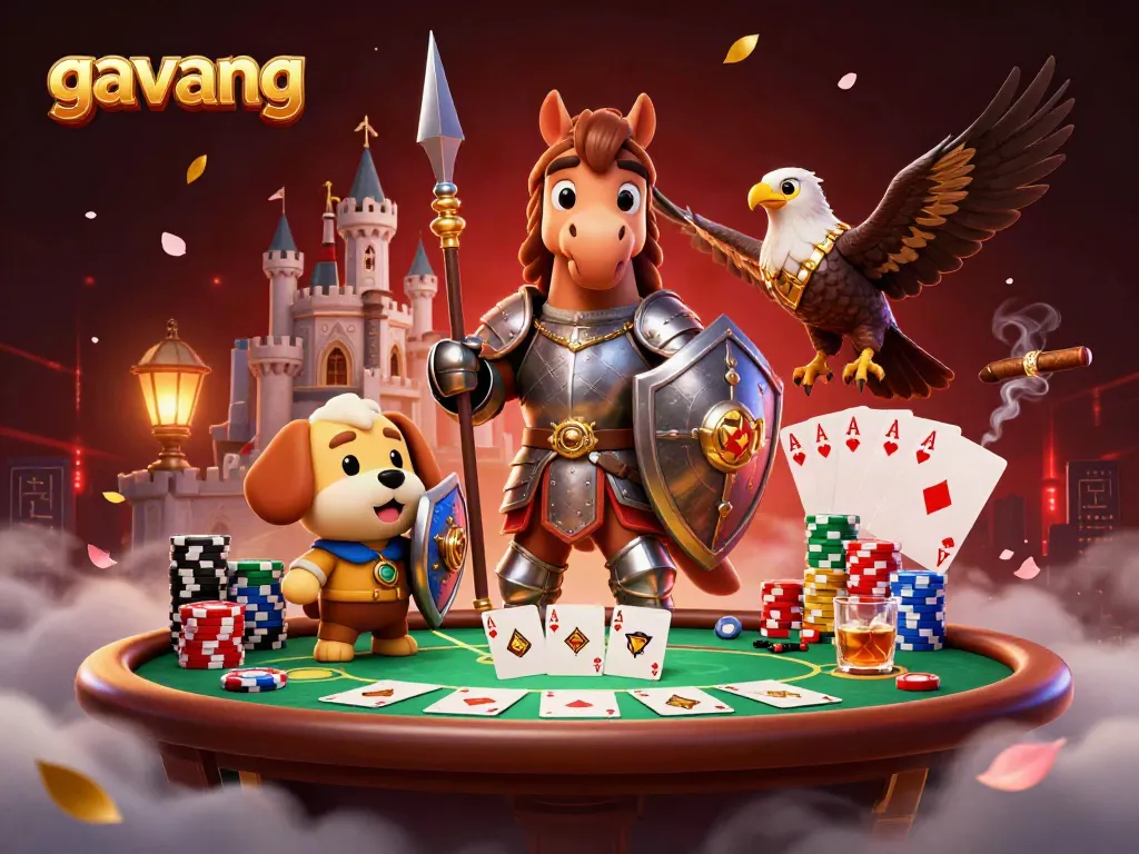 Experience high-stakes action with Gavang as knights celebrate by the poker table in this immersive casino illustration.