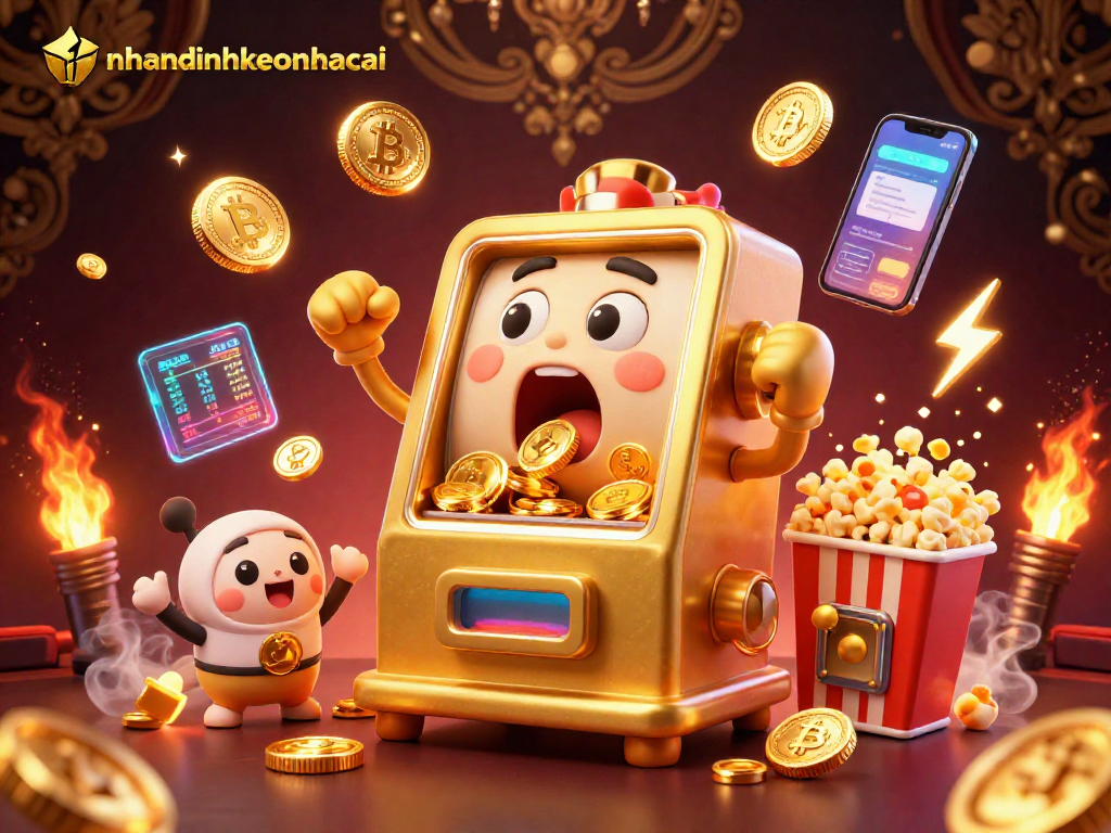 Nhandinhkeonhacai shows a golden slot machine hitting a jackpot surrounded by cheering mini slots and crypto elements.