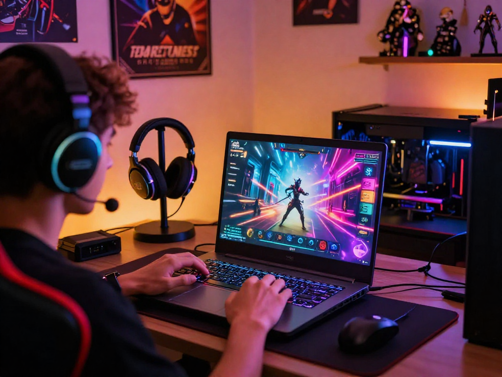 Person immersed in a colorful sex game on a sleek laptop in a cozy gaming environment.