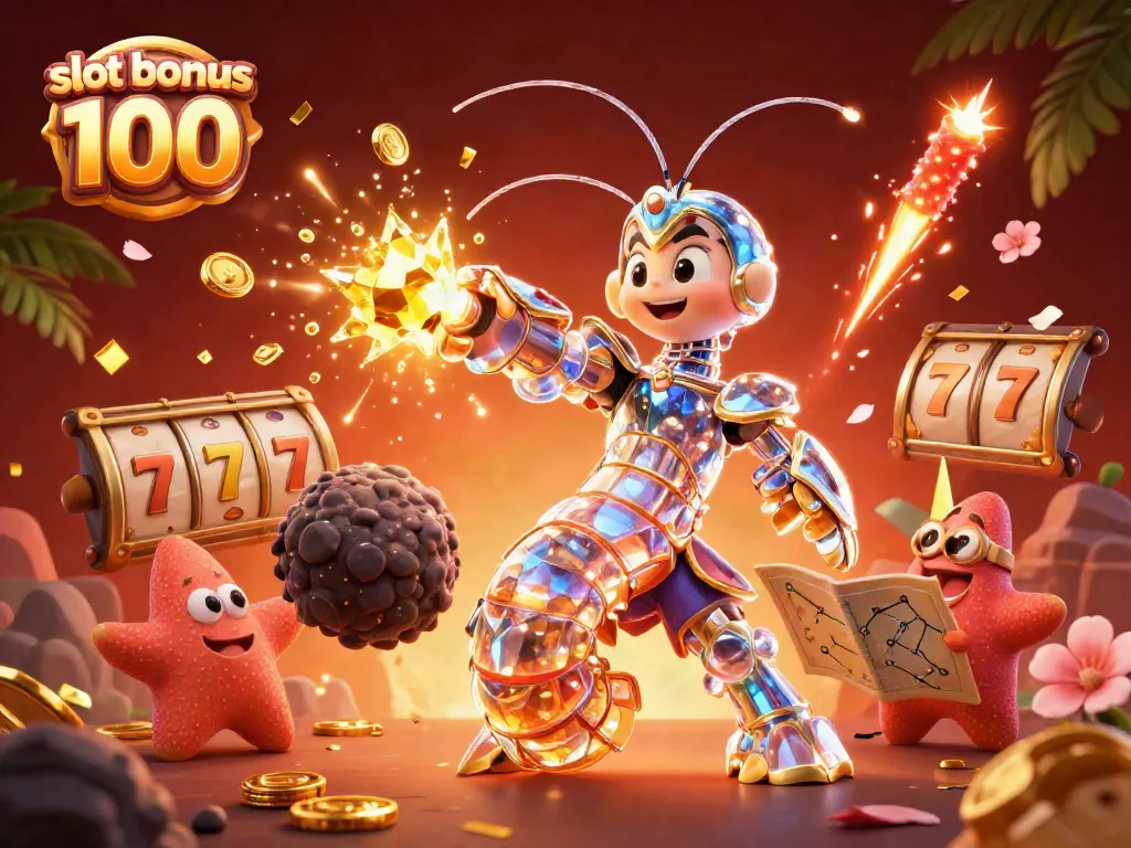 Experience thrilling slot bonus 100 action in an ultra-detailed 3D casino scene filled with vibrant colors and dynamic elements.