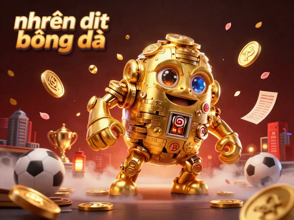 Engaging 3D illustration depicts nhận định bóng đá with a golden golem amid sports-themed elements.