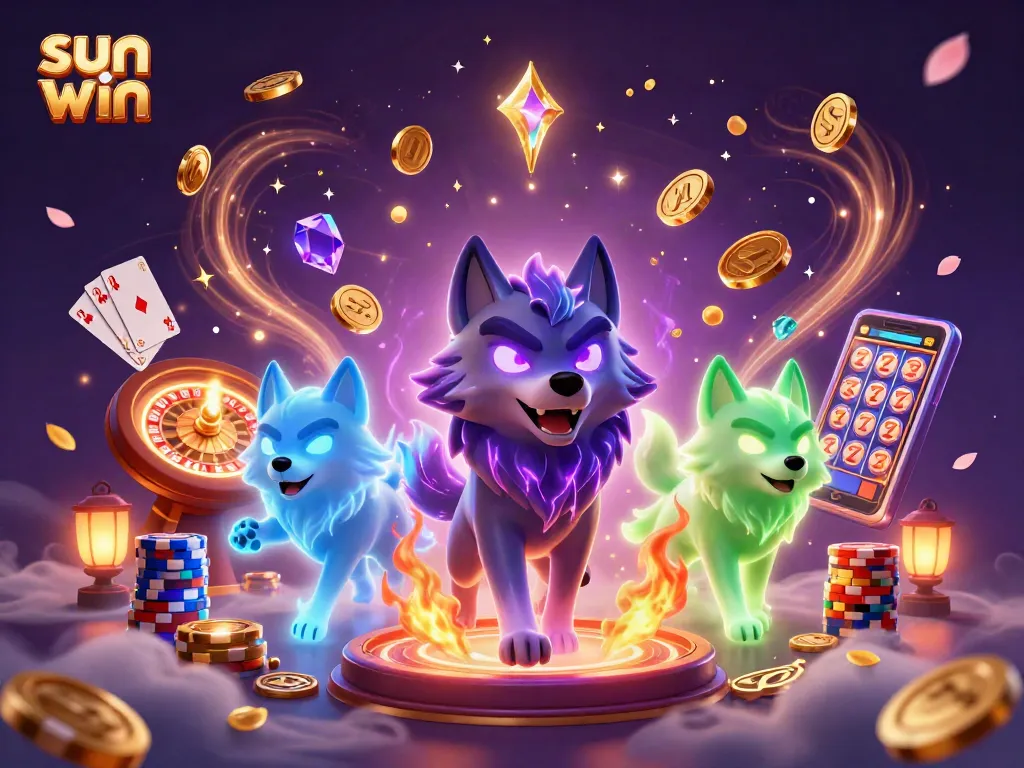 Experience the thrill of sun win with glowing wolves and casino elements in a vibrant 3D scene.