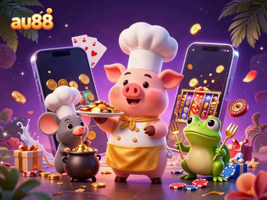 Engage with au88's vibrant casino experience featuring characters and golden delights in a rich, animated scene.
