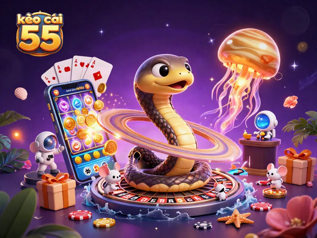 Engage with kèo nhà cái 55 on a vibrant cosmic casino scene featuring betting mice and roulette.