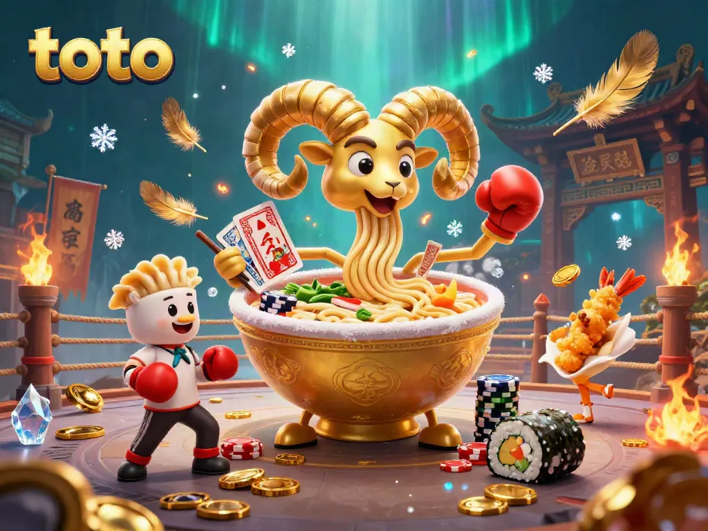 Experience exciting gaming action with the giant ramen bowl and characters in a vibrant casino scene featuring toto.