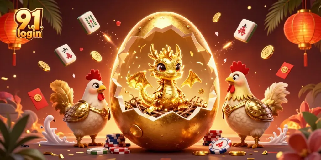 Engage in 91 club login with a golden dragon revealing treasures amid vibrant casino elements.