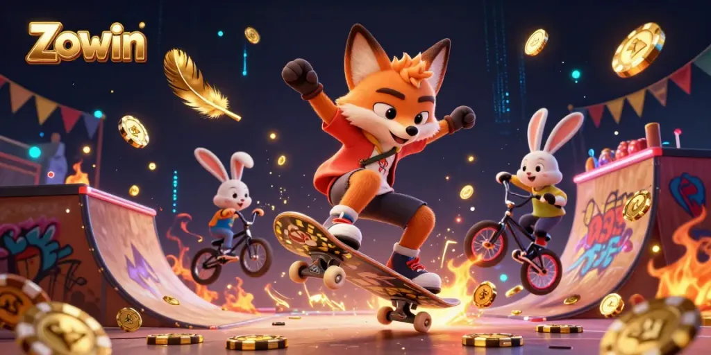 Experience Zowin with a vibrant 3D illustration of a fox skateboarder and BMX rabbit in a casino-themed scene.