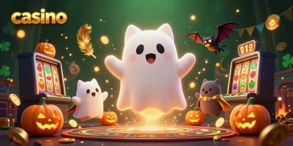 Experience a vibrant casino scene with a friendly ghost cat and vampire bat among glowing jack-o-lanterns.