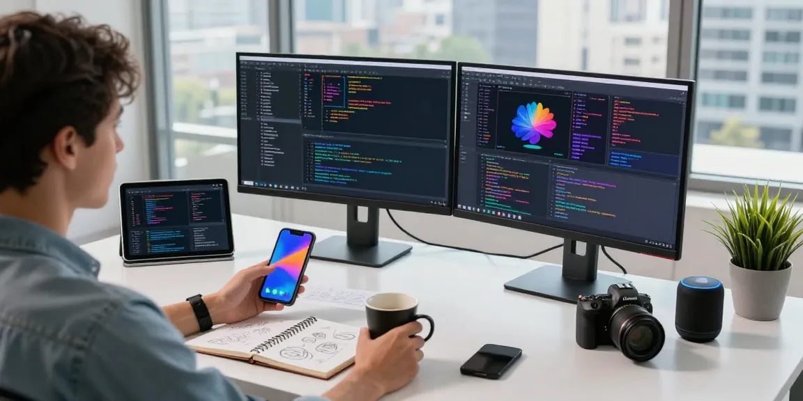 Tech enthusiast using a tri-fold phone in a modern workspace with dual monitors, coffee, and design sketches.