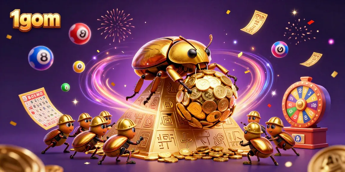 Experience the vibrant energy of 1gom, featuring a golden beetle and casino symbols in a dynamic lottery celebration.