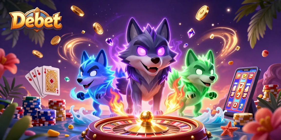 Engaging Debet casino scene with wolf pack leaders, golden coins, and vibrant gaming elements.