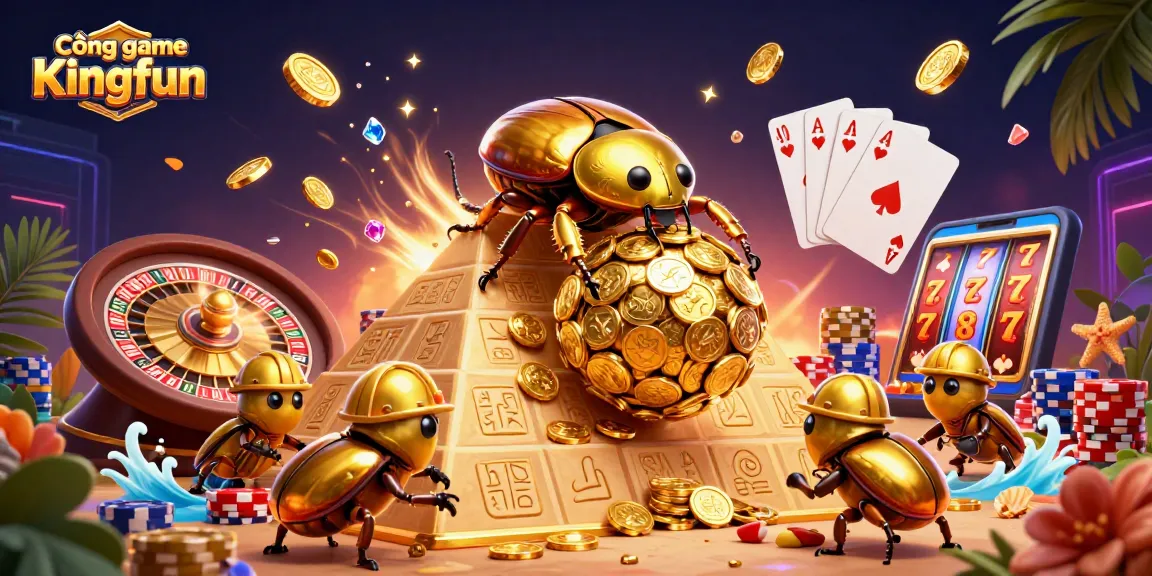 Cổng game Kingfun offers an engaging experience with massive golden beetles and sparkling coins in a dynamic casino scene.